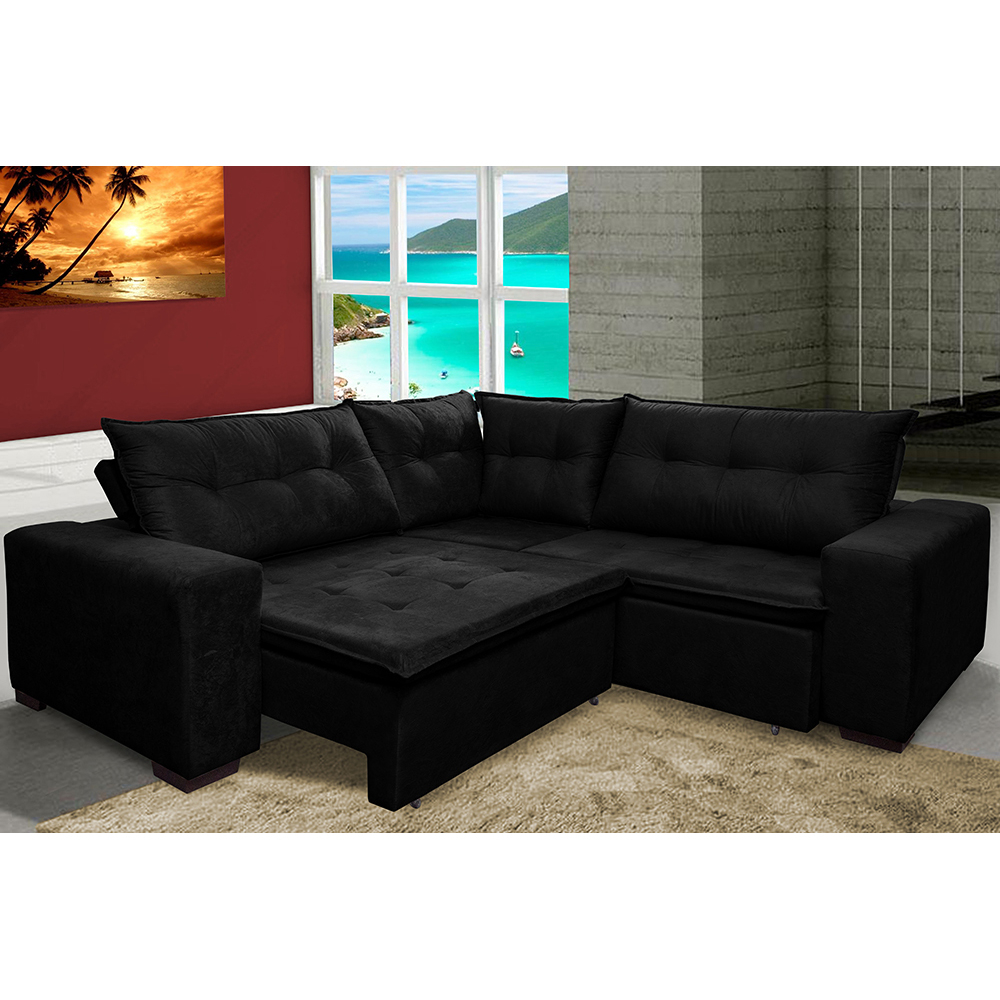 Sofá de Canto Retrátil, Reclinável, Molas Cama inBox Oklahoma 2,20m x 2,20m Suede Velusoft Preto