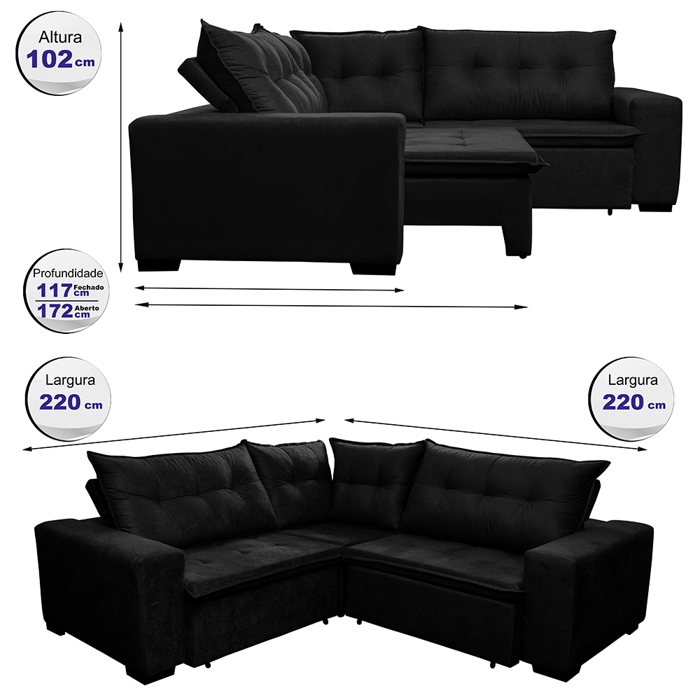 Sofá de Canto Retrátil, Reclinável, Molas Cama inBox Oklahoma 2,20m x 2,20m Suede Velusoft Preto