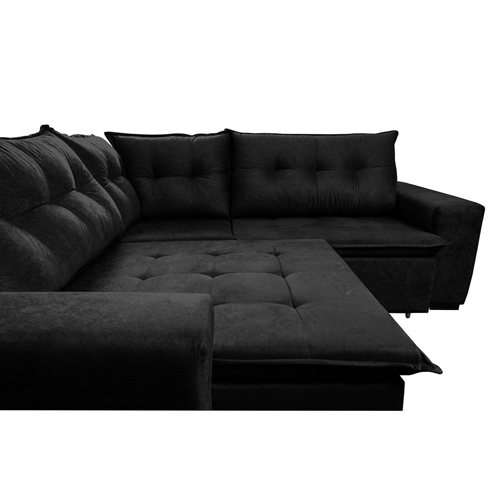 Sofá de Canto Retrátil, Reclinável, Molas Cama inBox Oklahoma 2,20m x 2,20m Suede Velusoft Preto