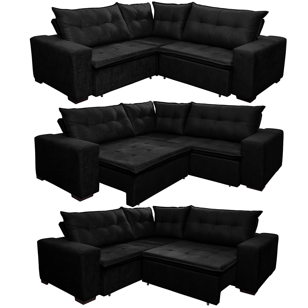 Sofá de Canto Retrátil, Reclinável, Molas Cama inBox Oklahoma 2,20m x 2,20m Suede Velusoft Preto