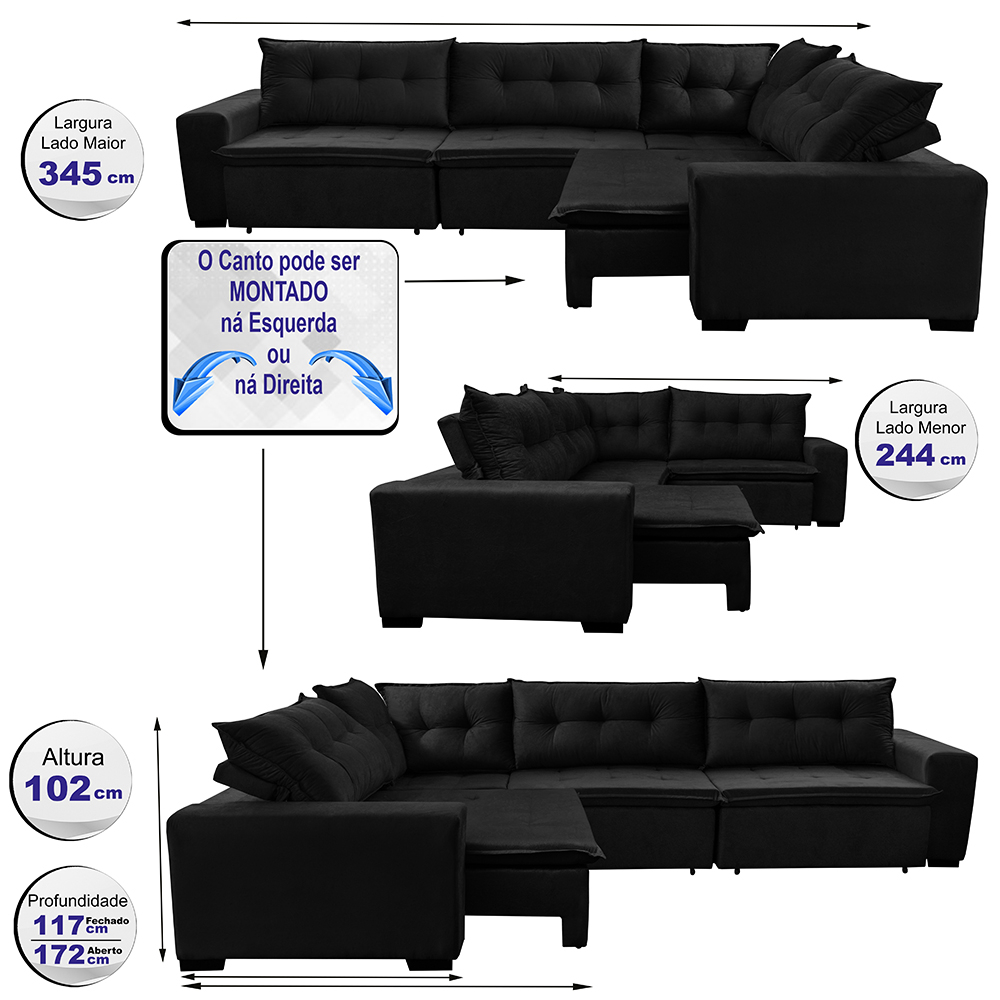 Sofá de Canto Retrátil, Reclinável, Molas Cama inBox Oklahoma 3,45X2,41 ou 2,41X3,45 Suede Preto