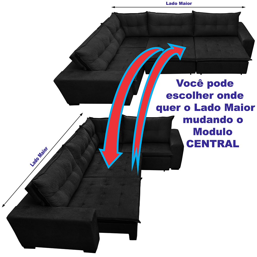 Sofá de Canto Retrátil, Reclinável, Molas Cama inBox Oklahoma 3,45X2,41 ou 2,41X3,45 Suede Preto