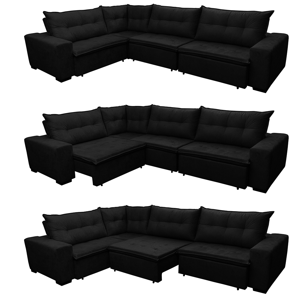 Sofá de Canto Retrátil, Reclinável, Molas Cama inBox Oklahoma 3,45X2,41 ou 2,41X3,45 Suede Preto