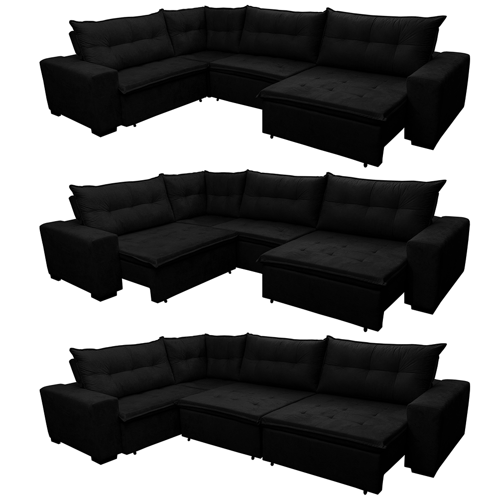 Sofá de Canto Retrátil, Reclinável, Molas Cama inBox Oklahoma 3,45X2,41 ou 2,41X3,45 Suede Preto