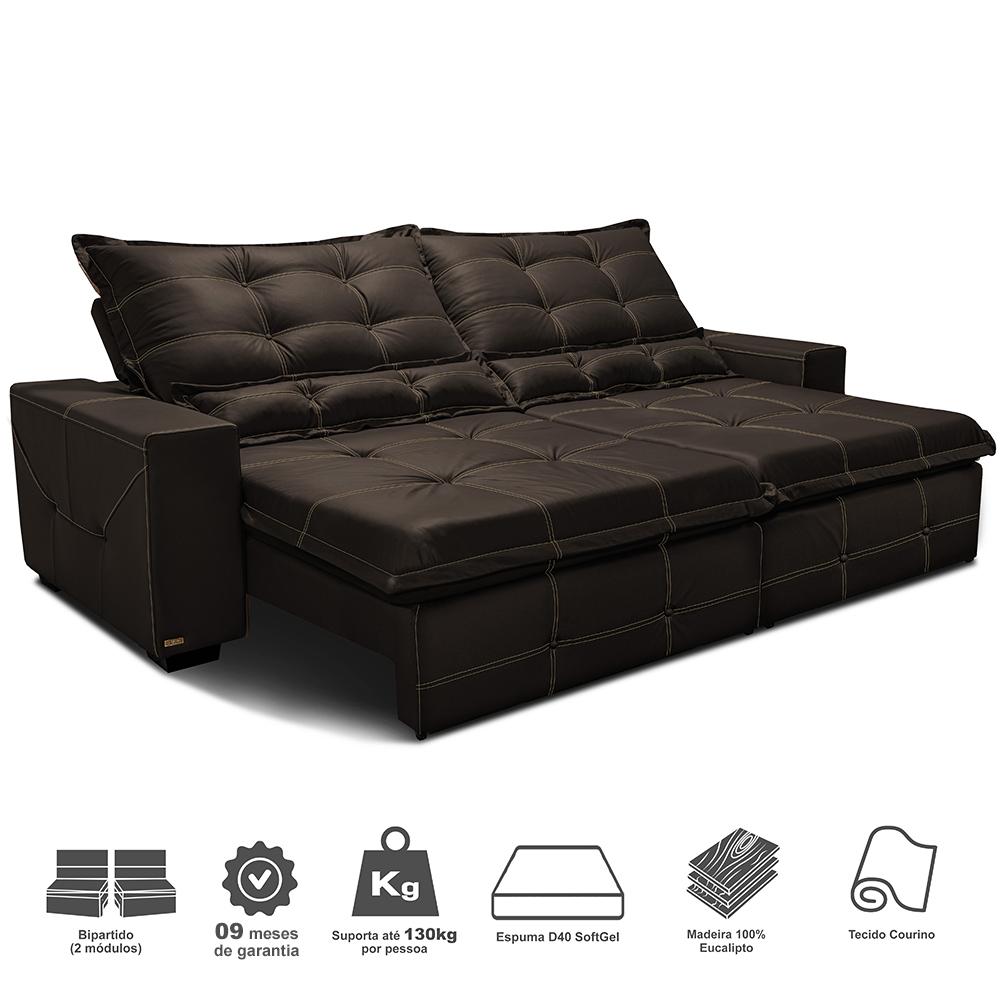 Sofá de Courino Retrátil e Reclinável 2,15m Cama inBox Bourbon SoftGel D40 Café