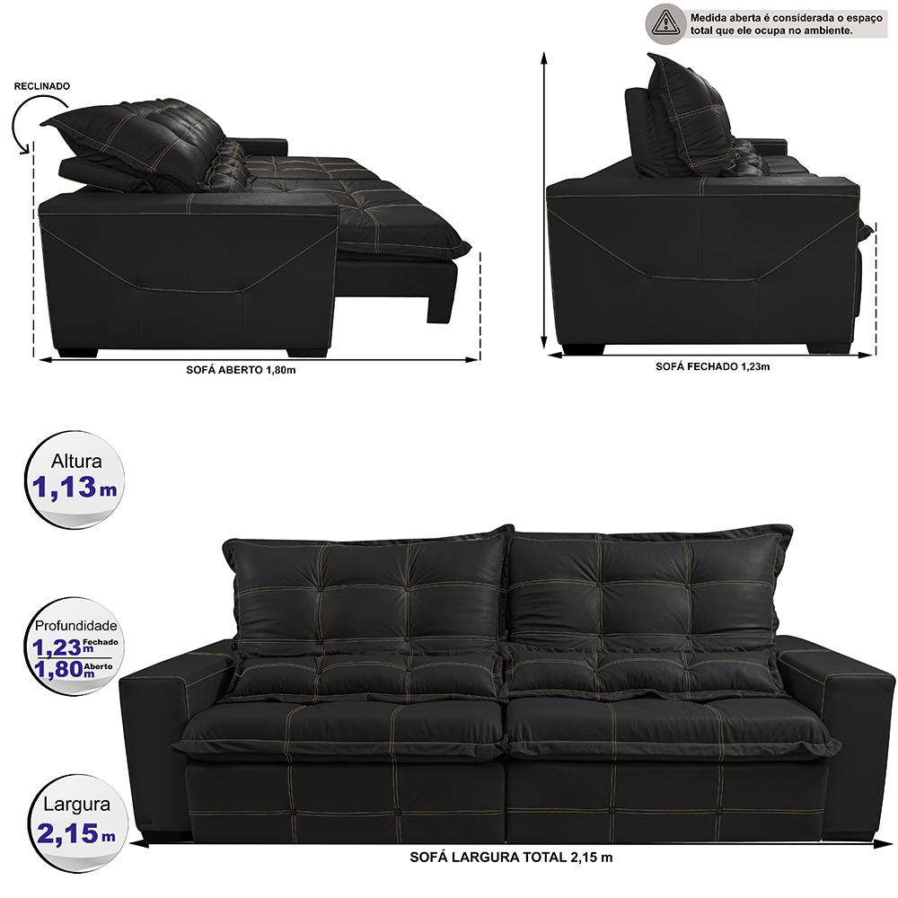 Sofá de Courino Retrátil e Reclinável 2,15m Cama inBox Bourbon SoftGel D40 Preto