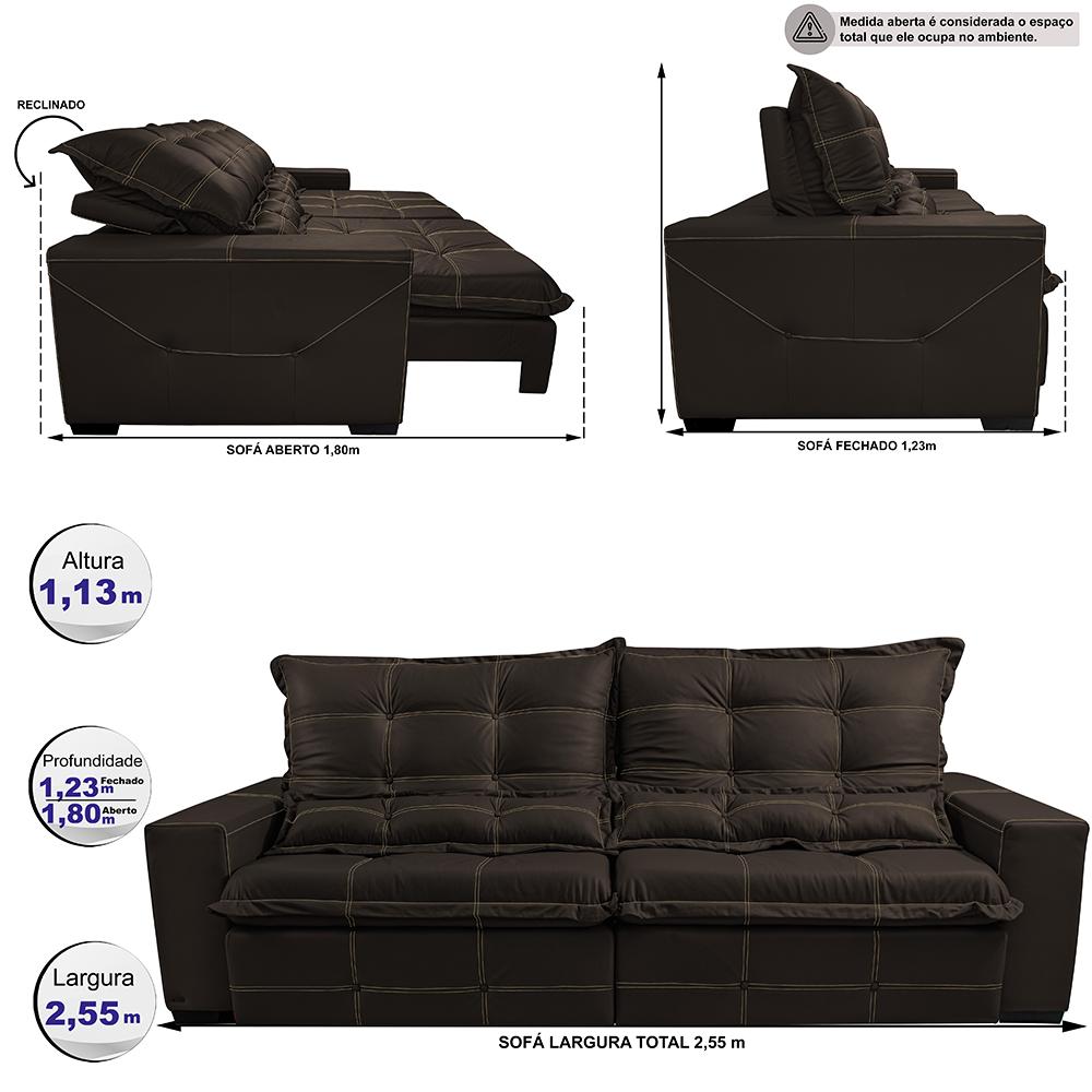 Sofá de Courino Retrátil e Reclinável 2,55m Cama inBox Bourbon SoftGel D40 Café