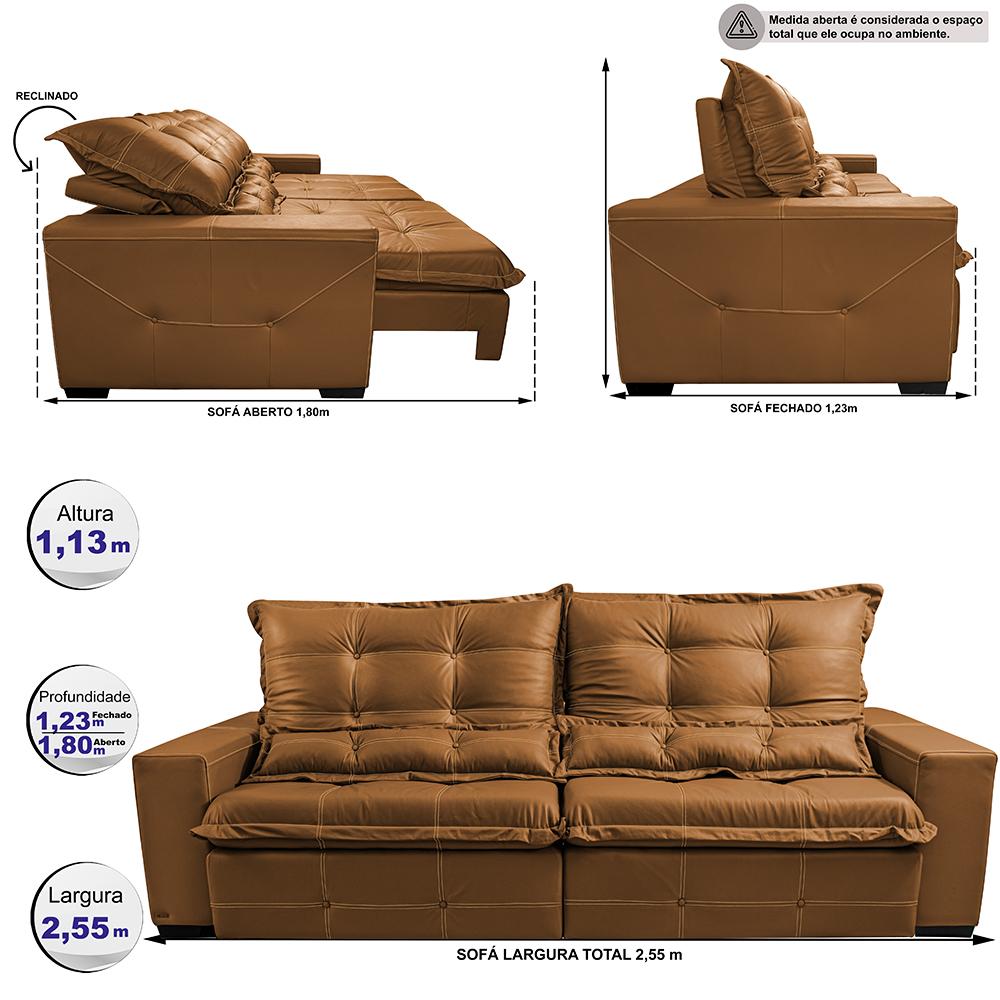 Sofá de Courino Retrátil e Reclinável 2,55m Cama inBox Bourbon SoftGel D40 Caramelo