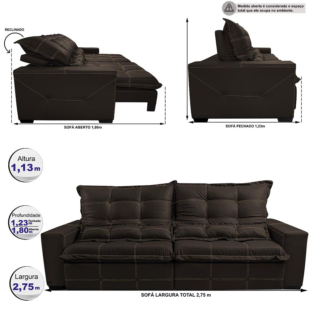 Sofá de Courino Retrátil e Reclinável 2,75m Cama inBox Bourbon SoftGel D40 Café