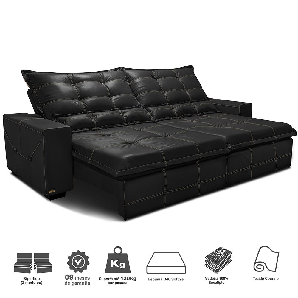 Sofá de Courino Retrátil e Reclinável 2,75m Cama inBox Bourbon SoftGel D40 Preto