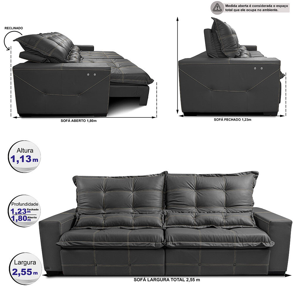 Sofá de Couro Elétrico Retrátil 2,55m Cama inBox Gran Toro SoftGel D40 Cinza