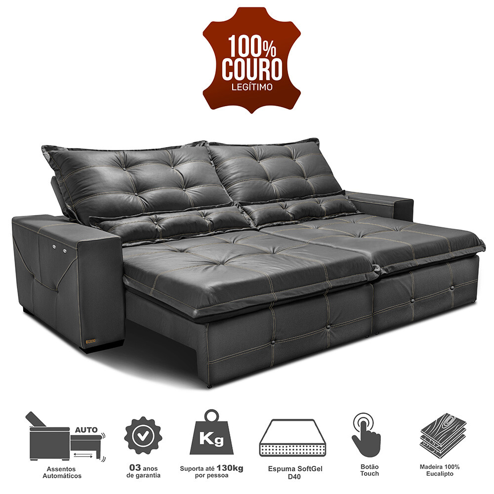 Sofá de Couro Elétrico Retrátil 2,55m Cama inBox Gran Toro SoftGel D40 Cinza