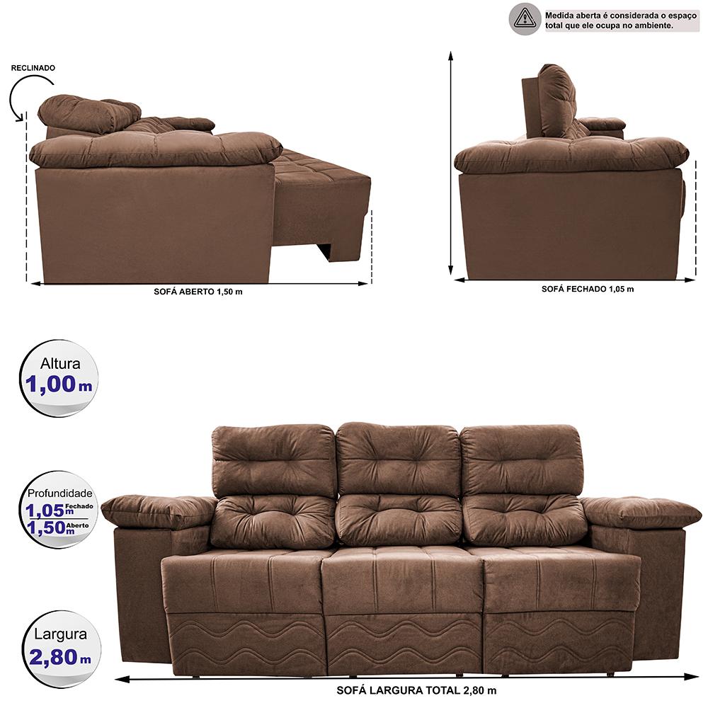 Sofa Itália 2,80 Mts Retrátil e Reclinavel Tecido Suede Castor - Cama InBox