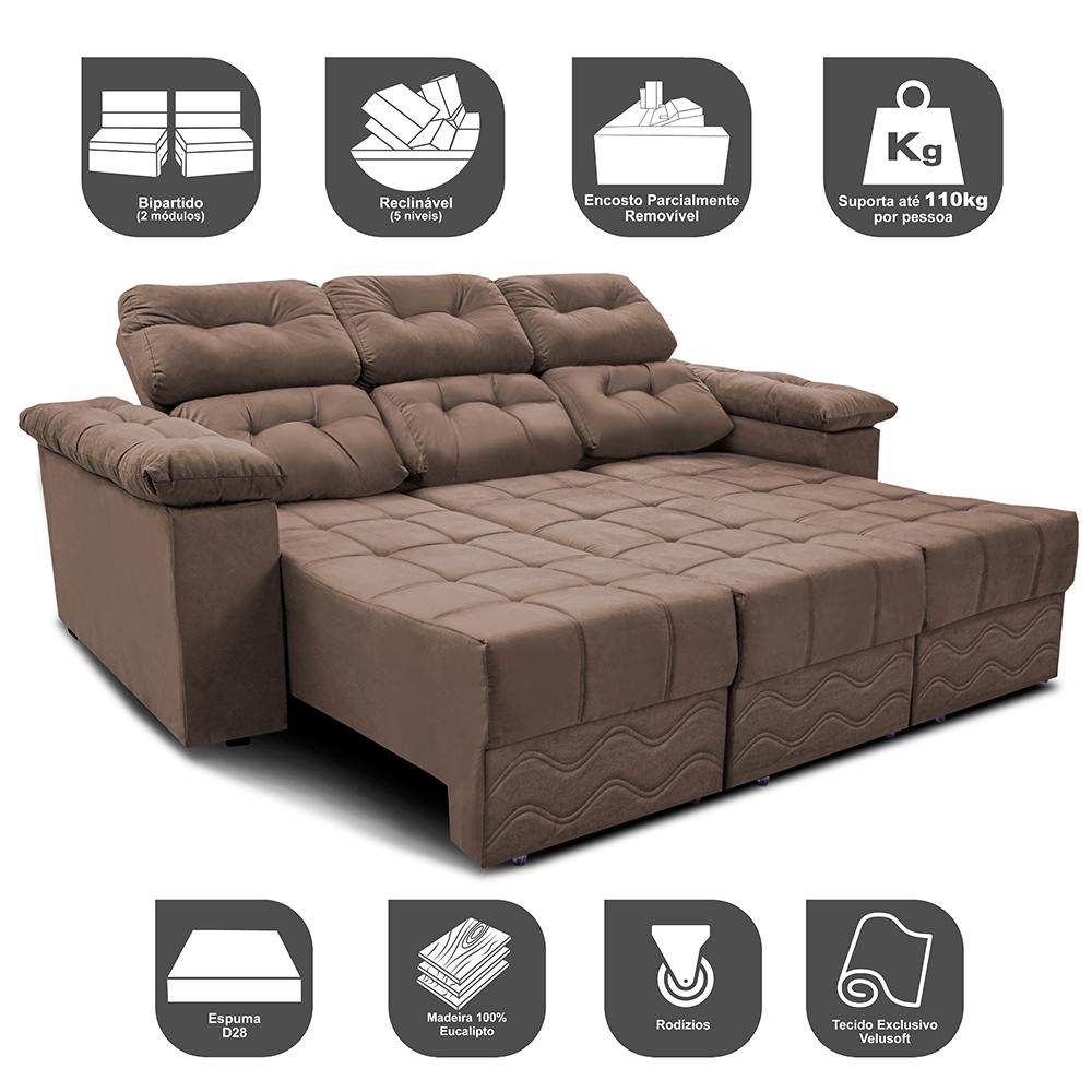 Sofa Itália 2,80 Mts Retrátil e Reclinavel Tecido Suede Castor - Cama InBox
