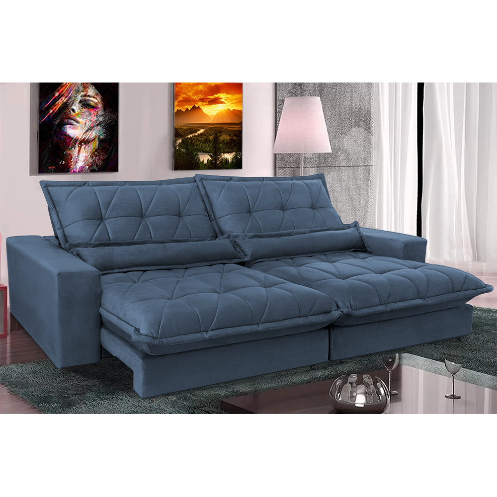 Sofa Retrátil e Reclinável 2,12m com Molas Ensacadas Cama inBox Soft Tecido Suede Azul