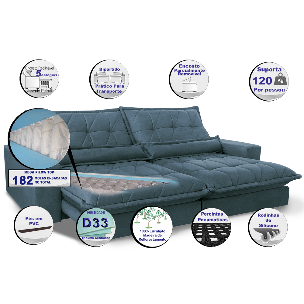Sofa Retrátil e Reclinável 2,12m com Molas Ensacadas Cama inBox Soft Tecido Suede Azul