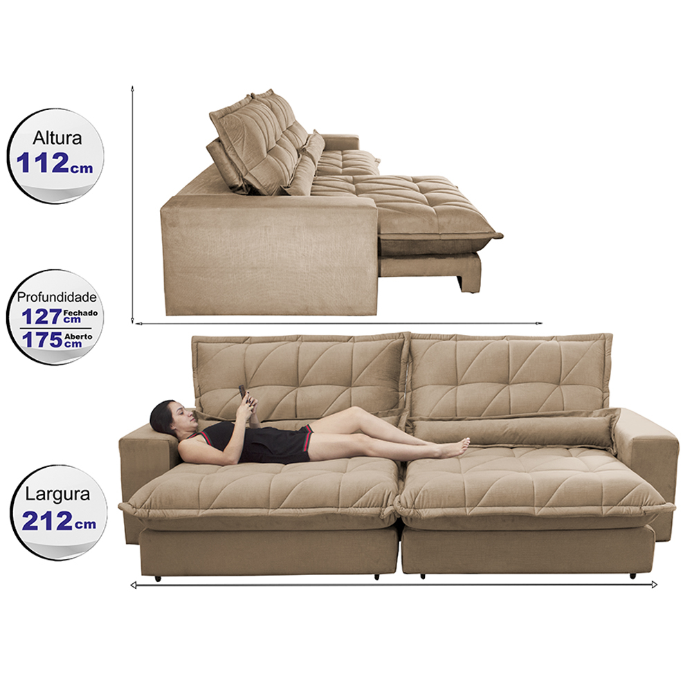 Sofa Retrátil e Reclinável 2,12m com Molas Ensacadas Cama inBox Soft Tecido Suede Castor