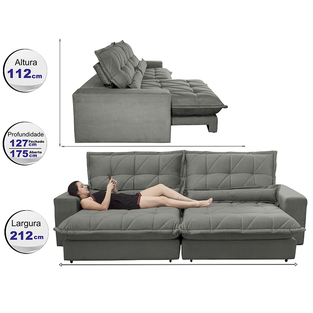 Sofa Retrátil e Reclinável 2,12m com Molas Ensacadas Cama inBox Soft Tecido Suede Cinza