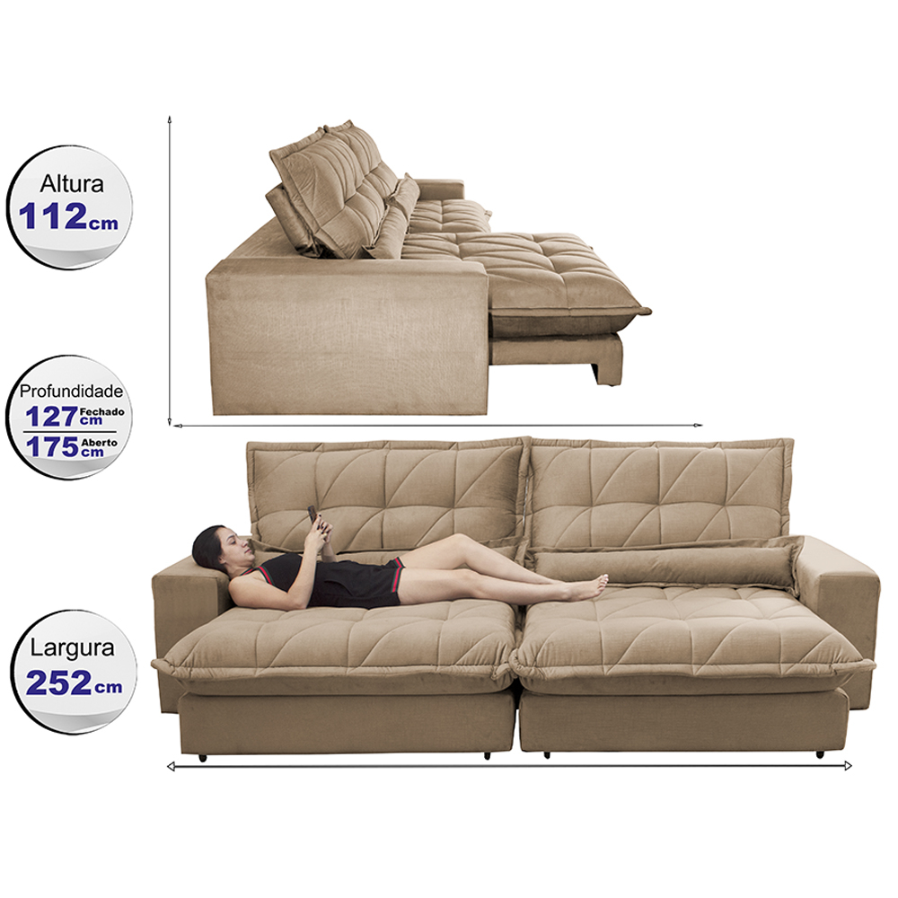 Sofa Retrátil e Reclinável 2,52m com Molas Ensacadas Cama inBox Soft Tecido Suede Castor