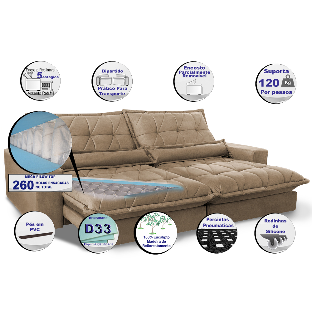 Sofa Retrátil e Reclinável 2,52m com Molas Ensacadas Cama inBox Soft Tecido Suede Castor