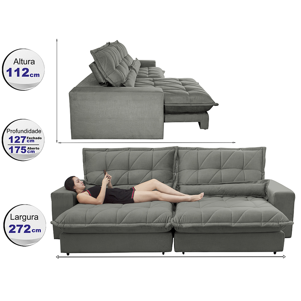 Sofa Retrátil e Reclinável 2,72m com Molas Ensacadas Cama inBox Soft Tecido Suede Cinza