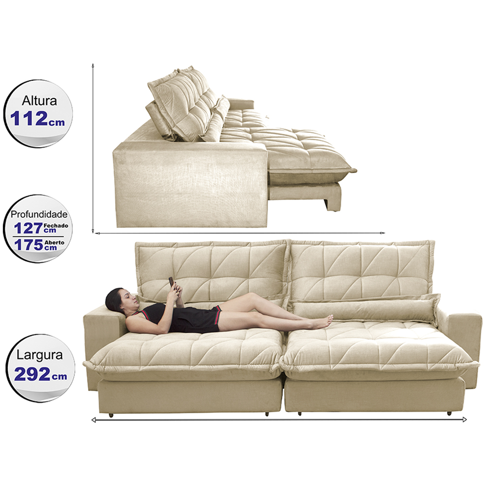 Sofa Retrátil e Reclinável 2,92m com Molas Ensacadas Cama inBox Soft Tecido Suede Bege