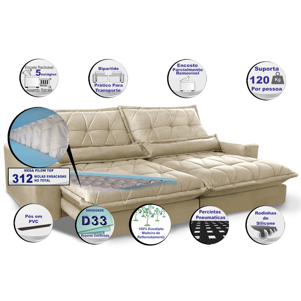 Sofa Retrátil e Reclinável 2,92m com Molas Ensacadas Cama inBox Soft Tecido Suede Bege