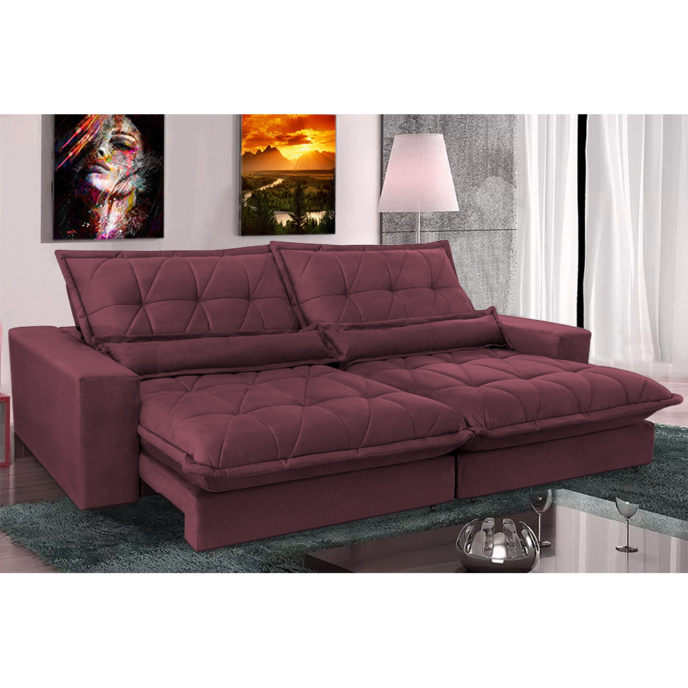 Sofa Retrátil e Reclinável 2,92m com Molas Ensacadas Cama inBox Soft Tecido Suede Vinho