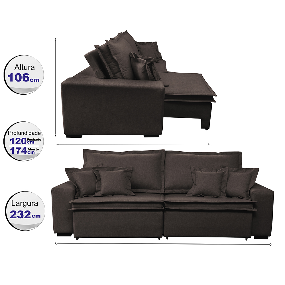 Sofa Retrátil e Reclinável com Molas Cama inBox Premium 2,32m tecido em linho Marrom