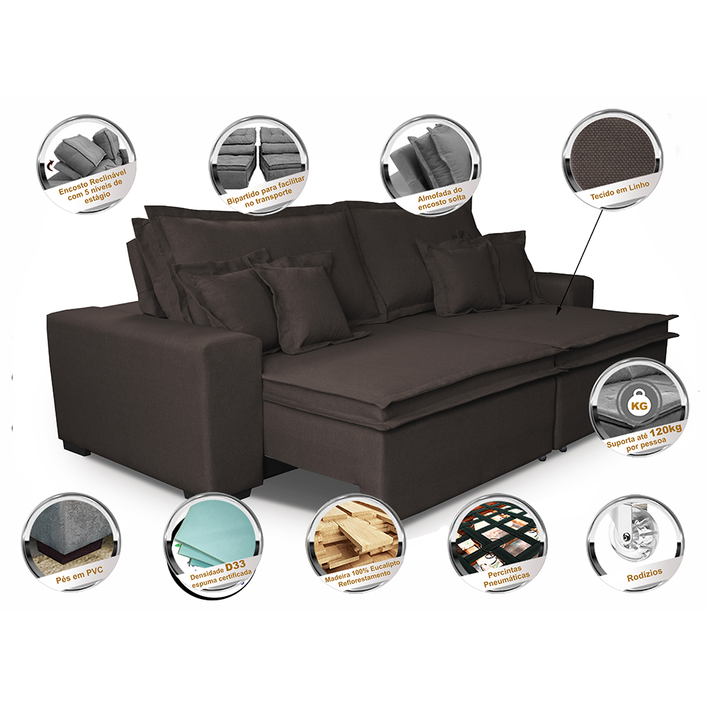 Sofa Retrátil e Reclinável com Molas Cama inBox Premium 2,32m tecido em linho Marrom