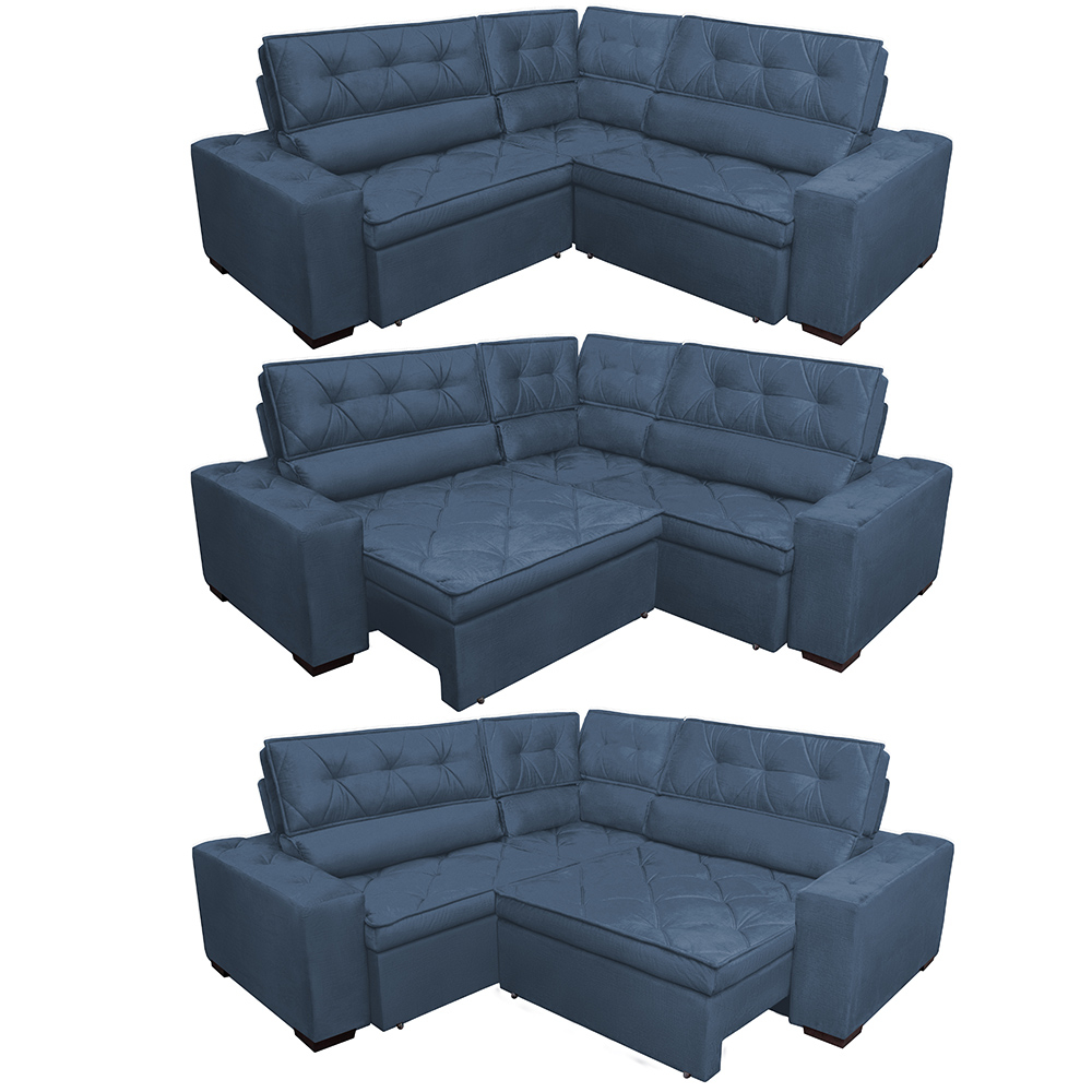 Sofa de Canto Retrátil e Reclinável com Molas Cama inBox Austin 2,20m x 2,20m Suede Velusoft Azul