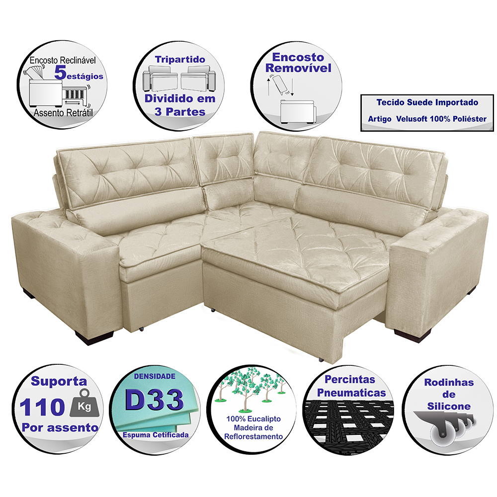 Sofa de Canto Retrátil e Reclinável com Molas Cama inBox Austin 2,20m x 2,20m Suede Velusoft Bege