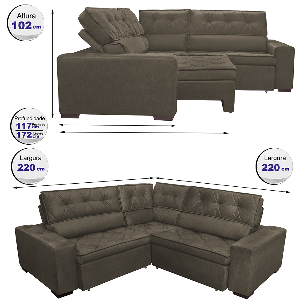 Sofa de Canto Retrátil e Reclinável com Molas Cama inBox Austin 2,20m x 2,20m Suede Velusoft Café