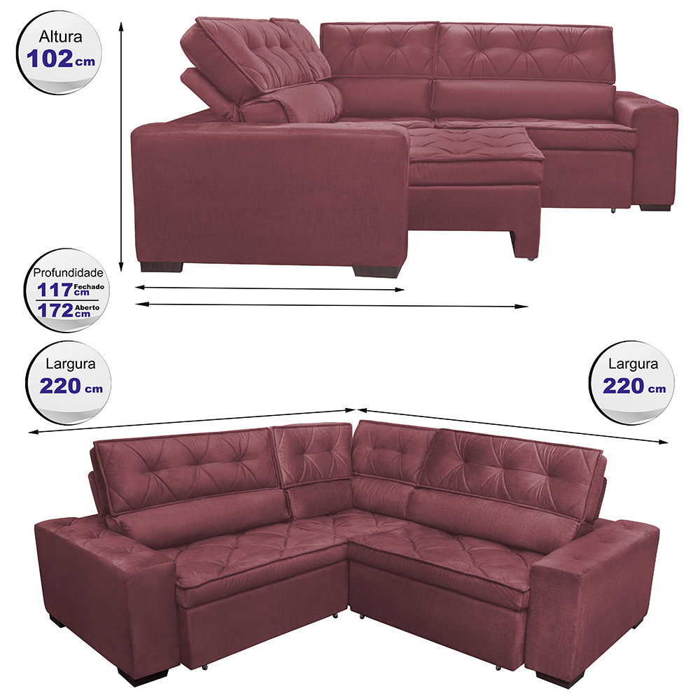 Sofa de Canto Retrátil e Reclinável com Molas Cama inBox Austin 2,20m x 2,20m Suede Velusoft Vinho