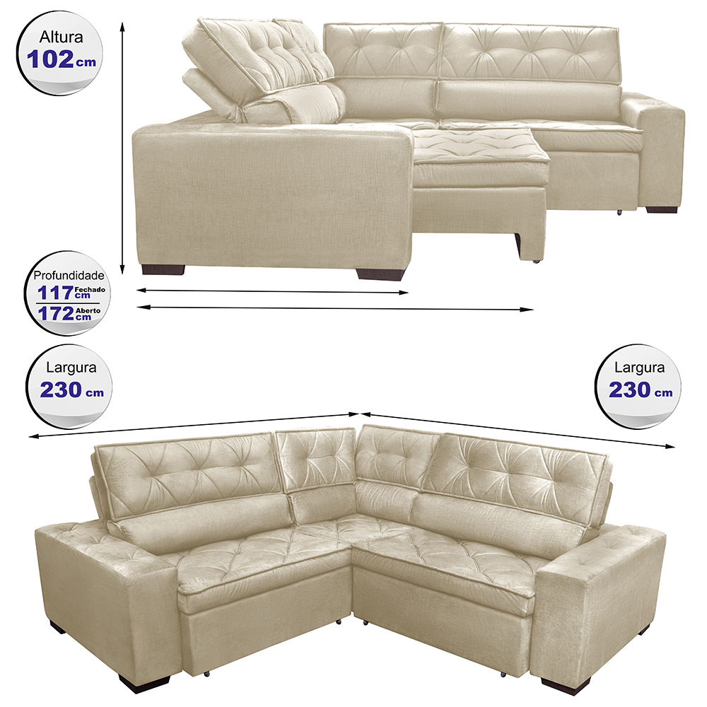Sofa de Canto Retrátil e Reclinável com Molas Cama inBox Austin 2,30m x 2,30m Suede Velusoft Bege