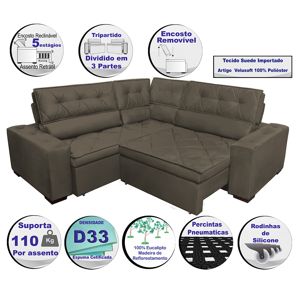 Sofa de Canto Retrátil e Reclinável com Molas Cama inBox Austin 2,30m x 2,30m Suede Velusoft Café
