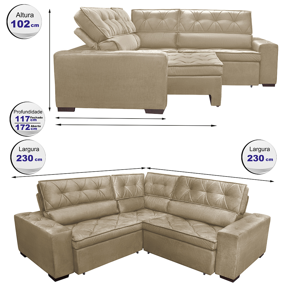 Sofa de Canto Retrátil e Reclinável com Molas Cama inBox Austin 2,30m x 2,30m Suede Velusoft Castor