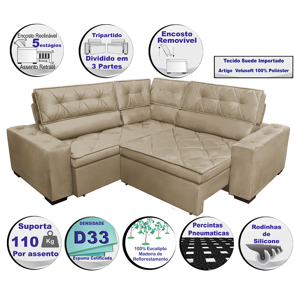Sofa de Canto Retrátil e Reclinável com Molas Cama inBox Austin 2,30m x 2,30m Suede Velusoft Castor