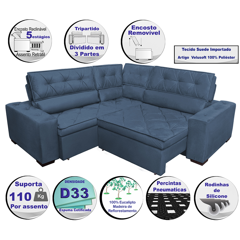 Sofa de Canto Retrátil e Reclinável com Molas Cama inBox Austin 2,40m x 2,40m Suede Velusoft Azul