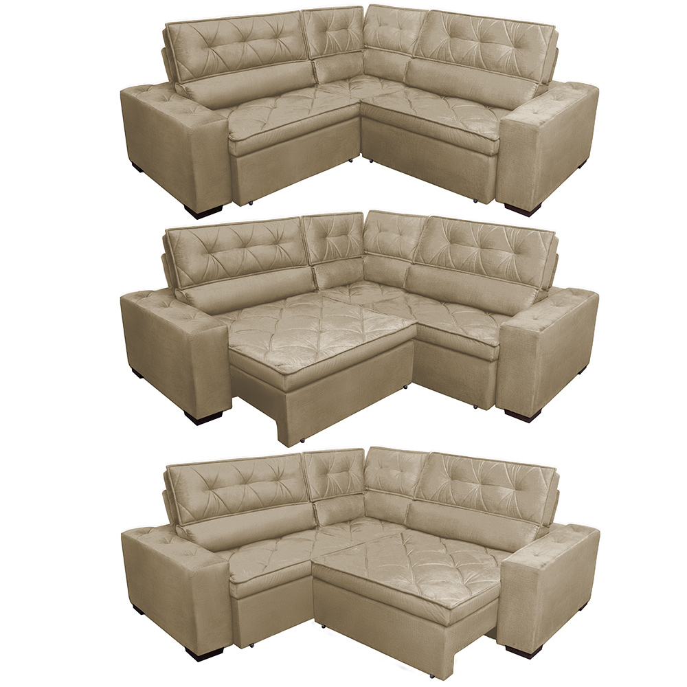 Sofa de Canto Retrátil e Reclinável com Molas Cama inBox Austin 2,50m x 2,50m Suede Velusoft Castor