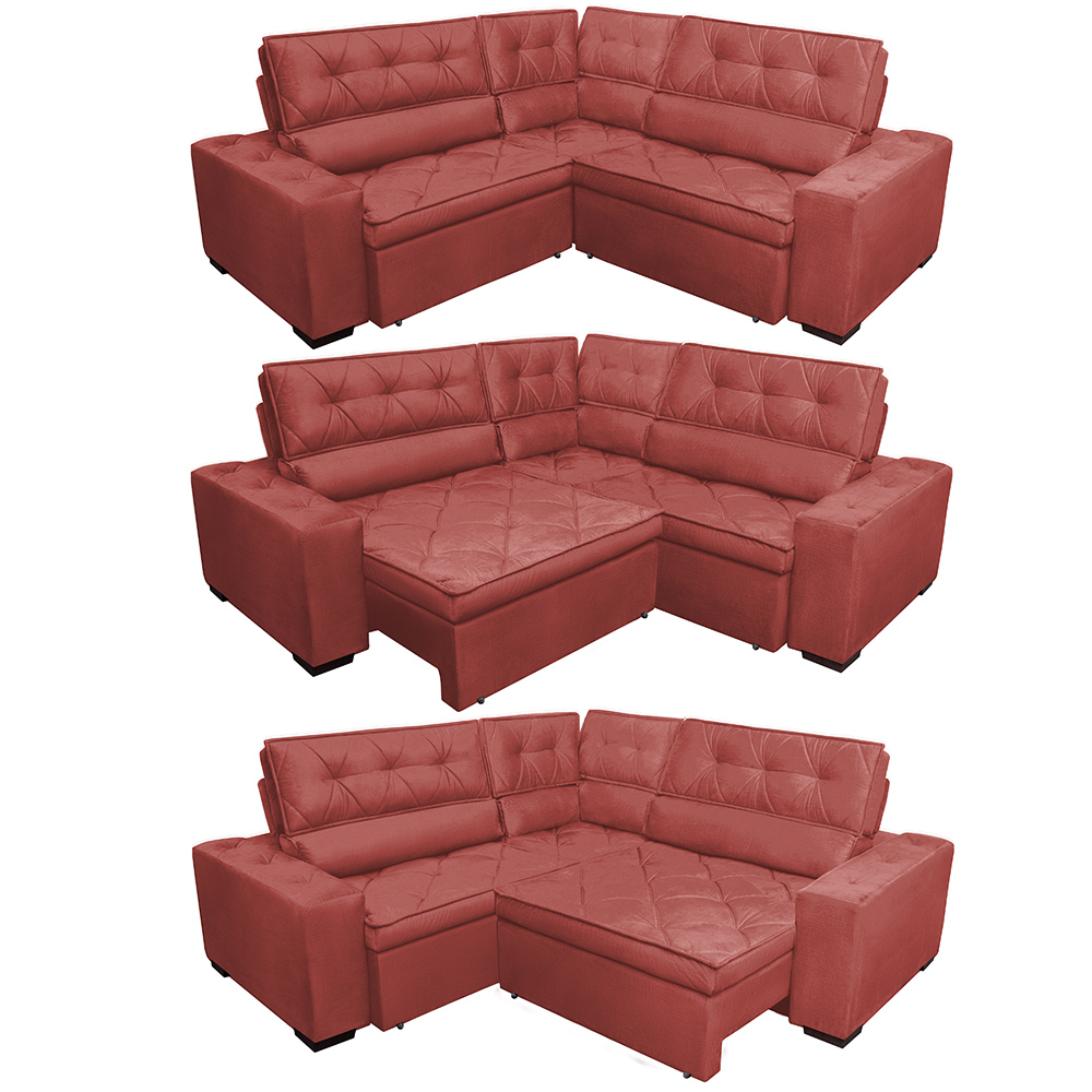 Sofa de Canto Retrátil e Reclinável com Molas Cama inBox Austin 2,50m x 2,50m Suede Velusoft Vermelho