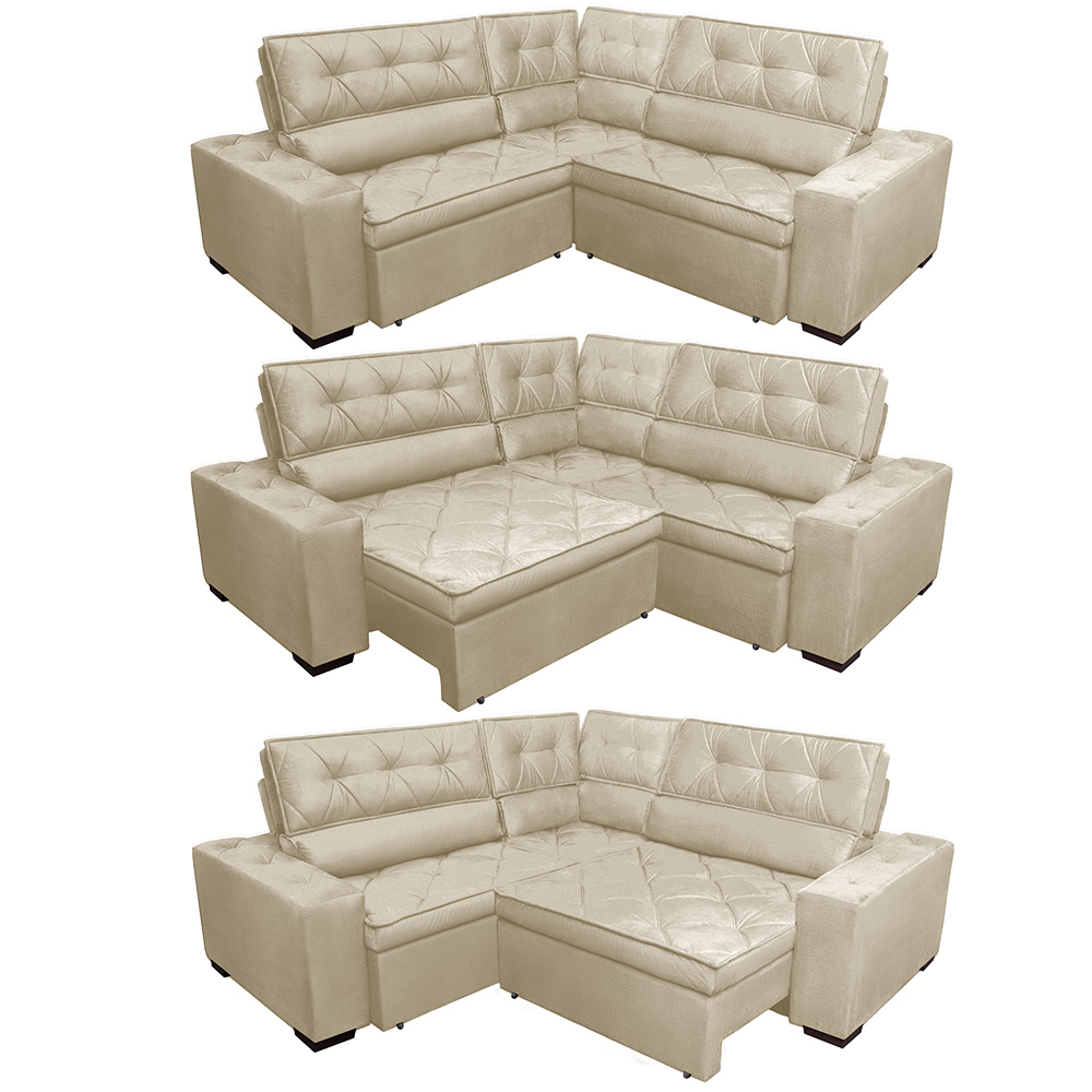 Sofa de Canto Retrátil e Reclinável com Molas Cama inBox Austin 2,60m x 2,60m Suede Velusoft Bege