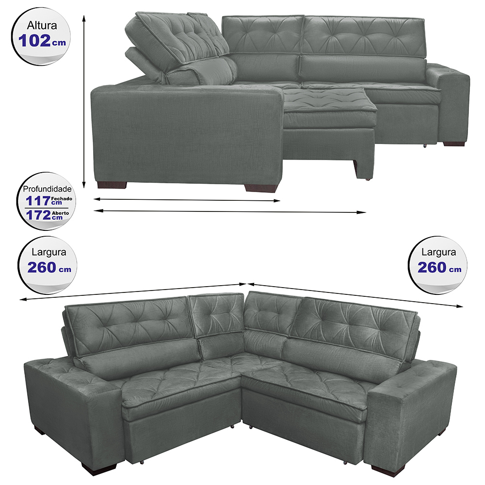 Sofa de Canto Retrátil e Reclinável com Molas Cama inBox Austin 2,60m x 2,60m Suede Velusoft Cinza