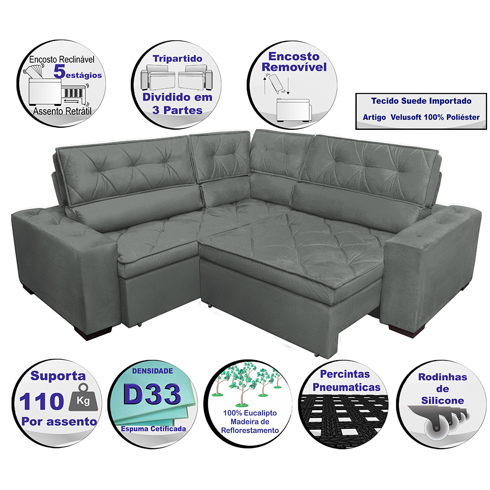 Sofa de Canto Retrátil e Reclinável com Molas Cama inBox Austin 2,60m x 2,60m Suede Velusoft Cinza