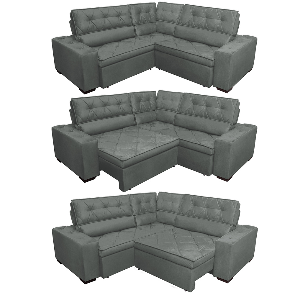 Sofa de Canto Retrátil e Reclinável com Molas Cama inBox Austin 2,60m x 2,60m Suede Velusoft Cinza