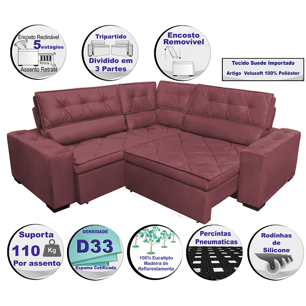 Sofa de Canto Retrátil e Reclinável com Molas Cama inBox Austin 2,60m x 2,60m Suede Velusoft Vinho