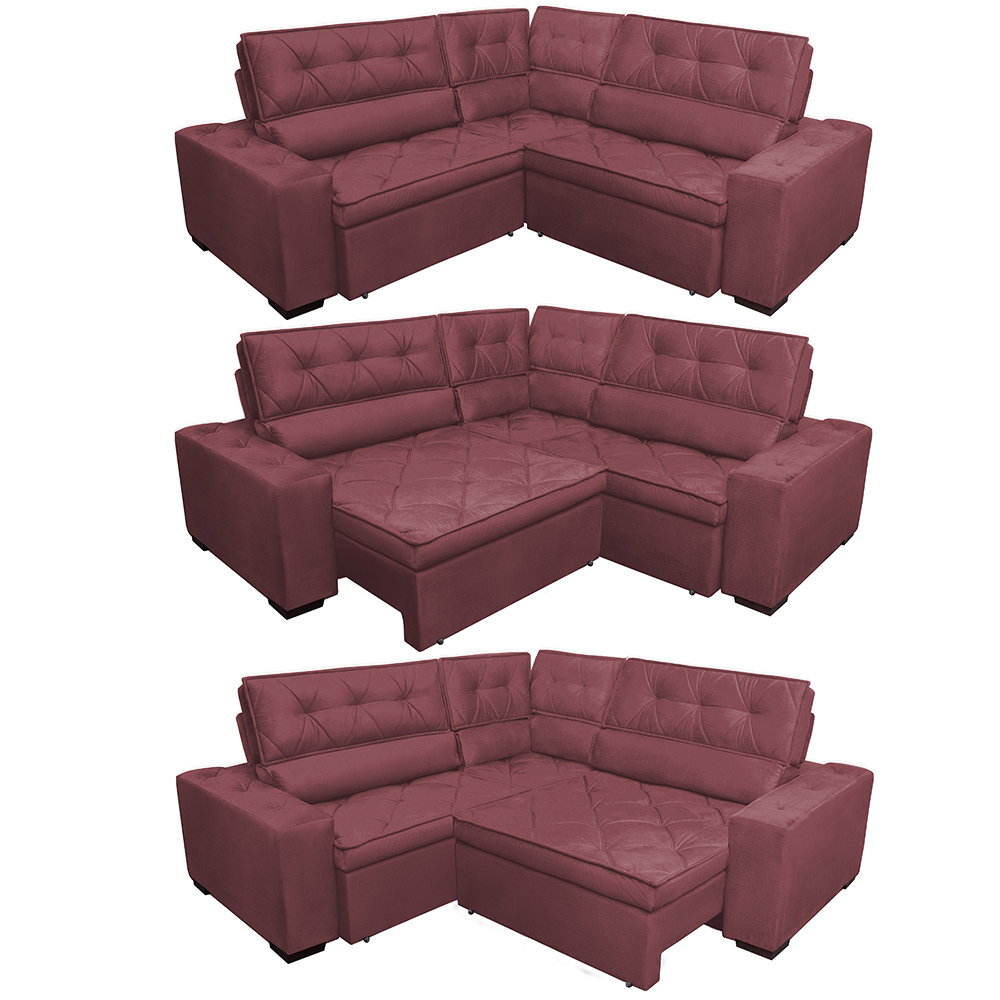 Sofa de Canto Retrátil e Reclinável com Molas Cama inBox Austin 2,60m x 2,60m Suede Velusoft Vinho