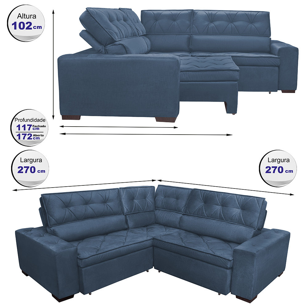 Sofa de Canto Retrátil e Reclinável com Molas Cama inBox Austin 2,70m x 2,70m Suede Velusoft Azul
