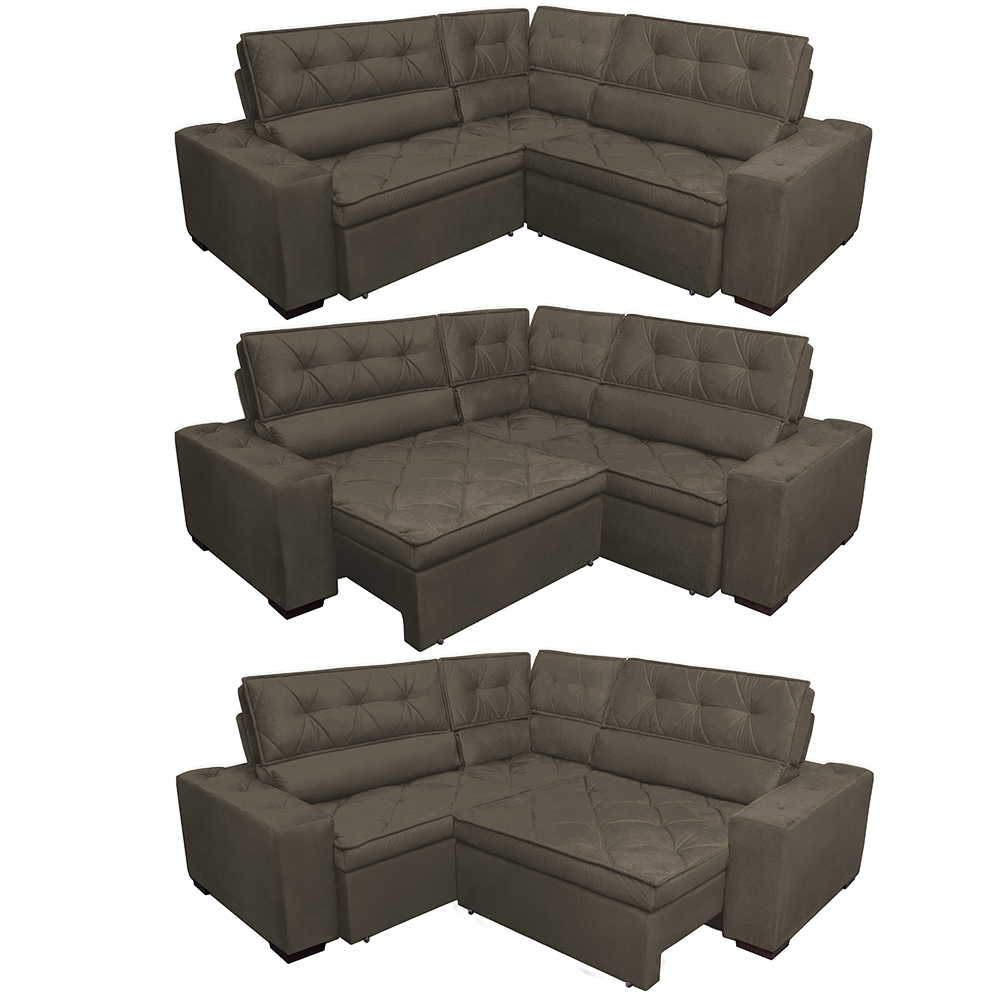 Sofa de Canto Retrátil e Reclinável com Molas Cama inBox Austin 2,70m x 2,70m Suede Velusoft Café