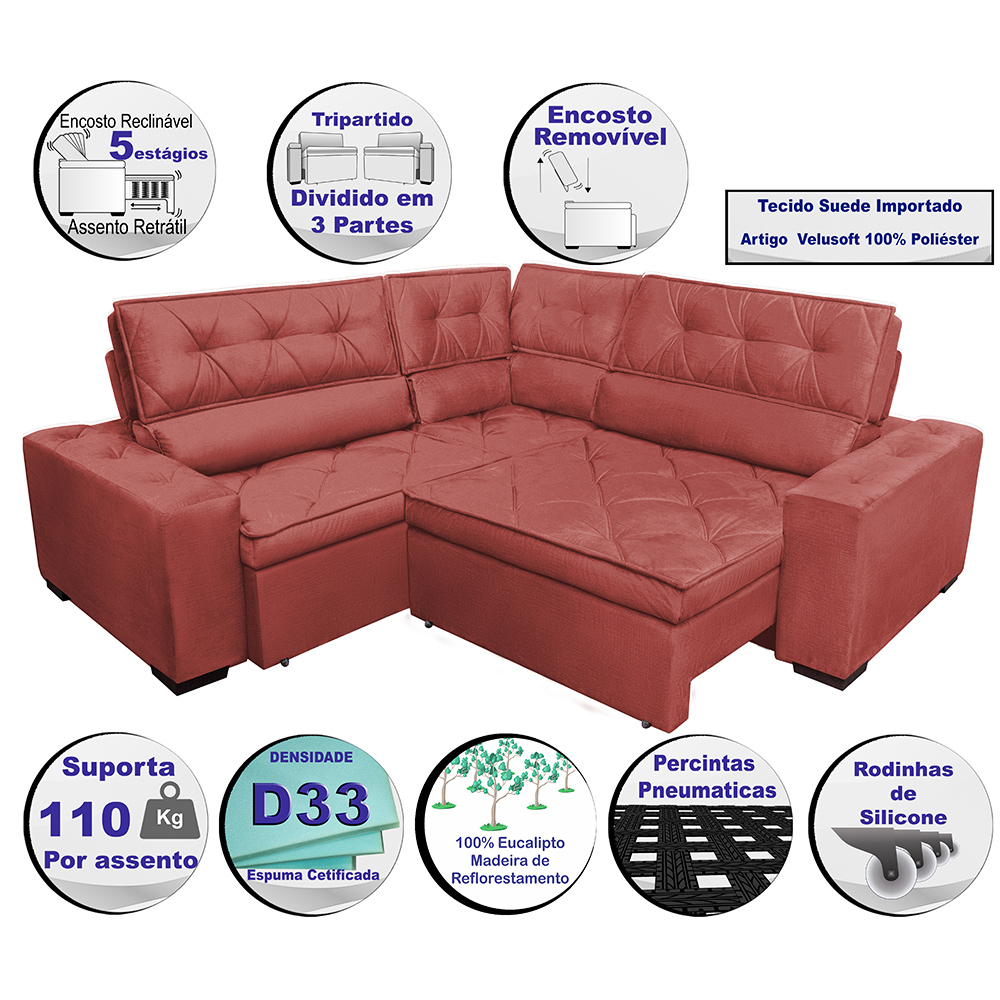 Sofa de Canto Retrátil e Reclinável com Molas Cama inBox Austin 2,70m x 2,70m Suede Velusoft Vermelho
